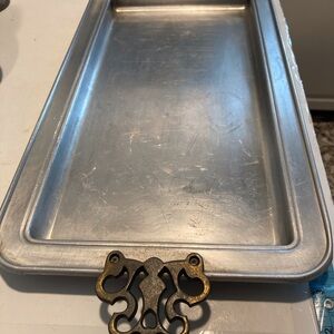 VTG Aluminum Serving Tray W/ Ornate Handles Mid Century W/ Dark Metal Handles